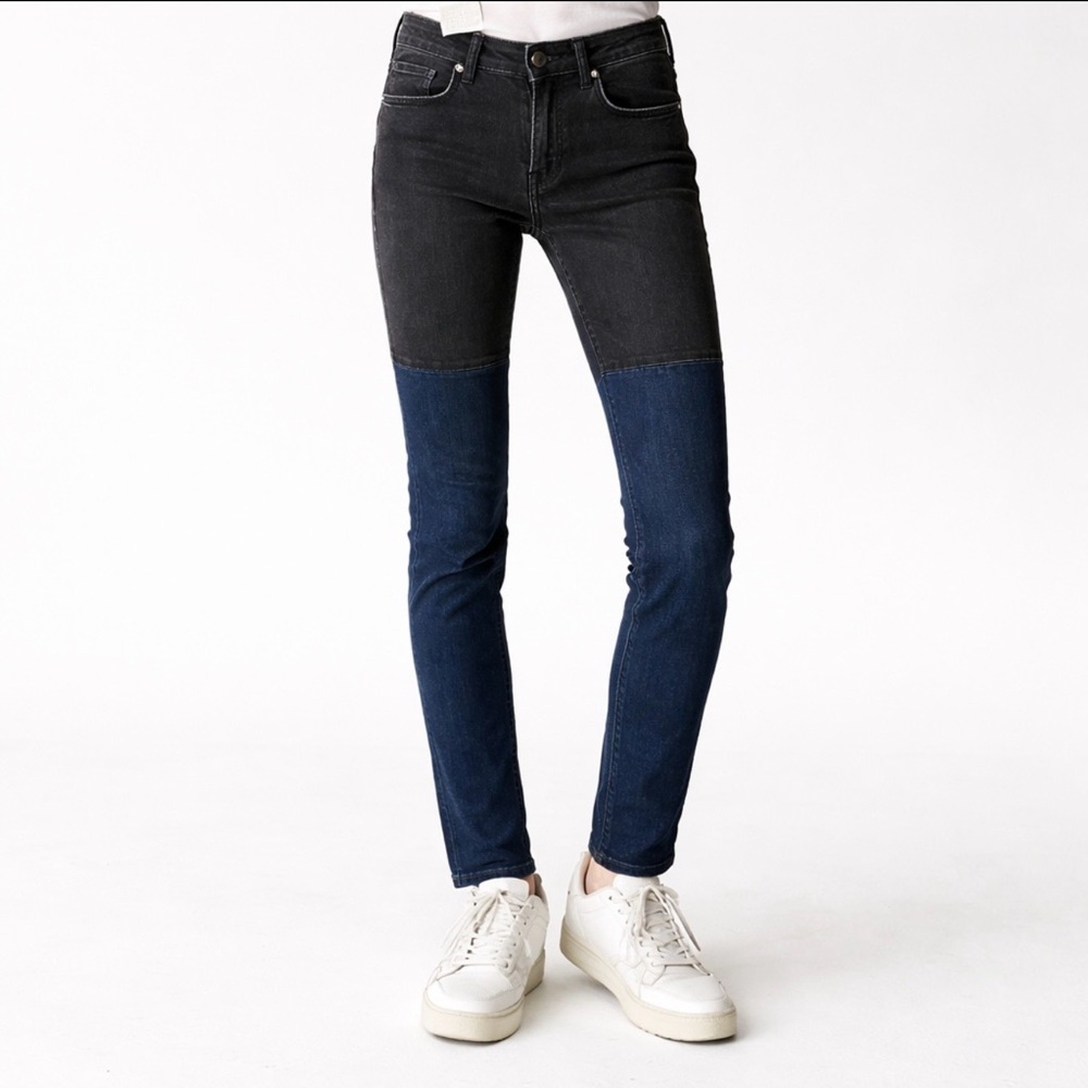 H&M SKINNY LEGGING JEAN LOW RISE BLACK BLUE COLORBLOCK TWO TONE 33 NWT